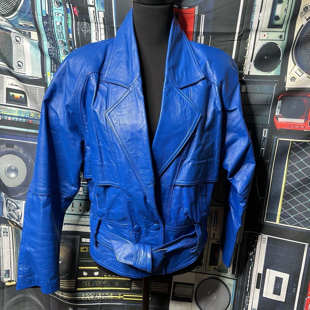 Vintage Mod Royal Blue Leather Jacket 1980s Women's Size Small/Medium